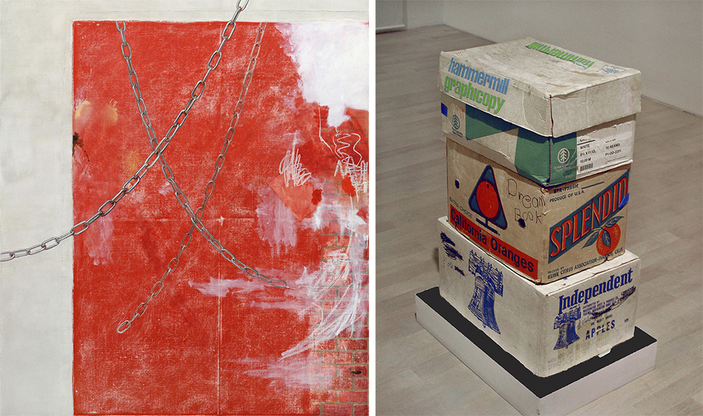 Left: Monika Baer, Extended Failure, 2011/2012, Oil, acrylic on canvas, 190 x 168,5 cm, © Monika Baer/Sammlung Gaby und Wilhelm Schürmann, Herzogenrath, 2018. Right: Paul McCarthy, The Three Boxes, 1984, Set of 101 videotapes of his early performances in 3 cardboard boxes in 3 plastic boxes, App. 120 x 60 x 40 cm, © Paul McCarthy & Sammlung Gaby und Wilhelm Schürmann, Herzogenrath, 2018