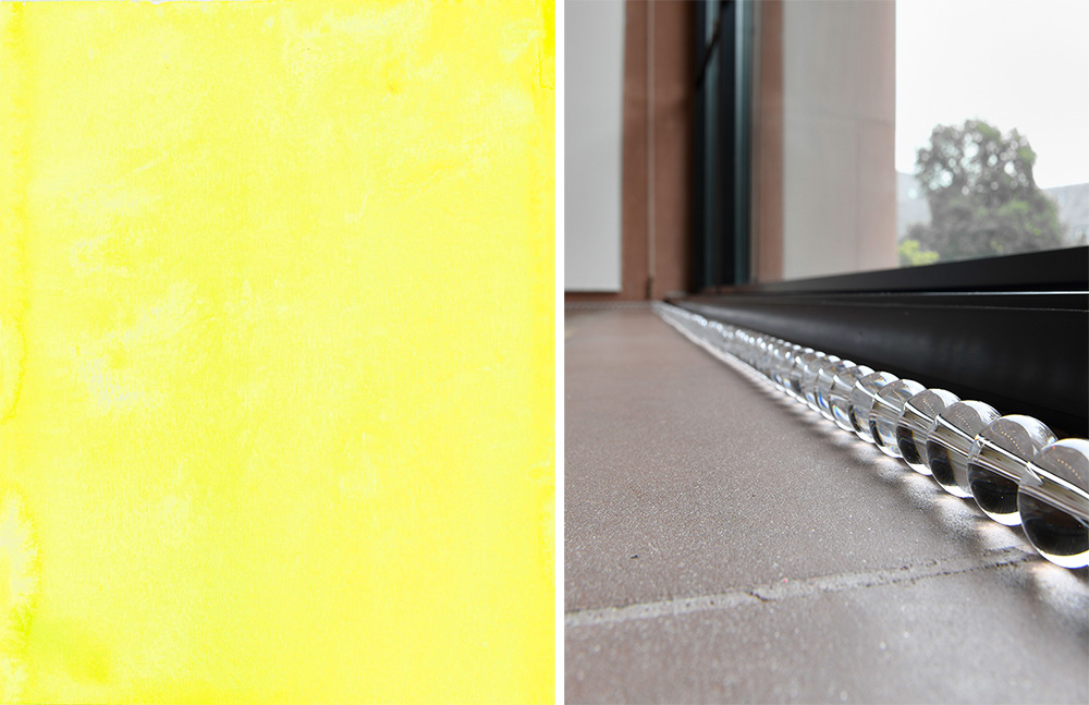 Left: Olaf Nicolai, o.T. (Atem) no.7 -3/11, 2011, from the series: double / shift, Inkjet Print on Fine Art Portfolio Rag, 123 x 95 cm, Courtesy Galerie EIGEN + ART Leipzig/Berlin, © VG Bild Kunst-Bonn 2018. Right: Olaf Nicolai, Der 673. Morgen, 2017, Exhibition view Kunsthalle Bielefeld, 2018, Photo: Uwe Walter, © VG Bild Kunst,-Bonn 2018, Courtesy Galerie EIGEN + ART-Leipzig/Berlin