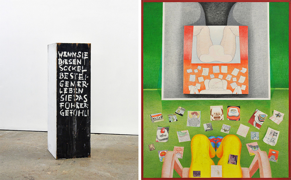 Left: Oswald Oberhuber, Untitled, 1969, Metall / Wood, dispersion, metal, 149 x 61 x 47 cm, © Oswald Oberhuber and Sammlung Gaby und Wilhelm Schürmann, Herzogenrath. Right: Anna Oppermann, Frühwerk (Nr.156), 1968, Mixed media on fiberboard 150 x 122 cm, © Sammlung Gaby andWilhelm Schürmann, Herzogenrath