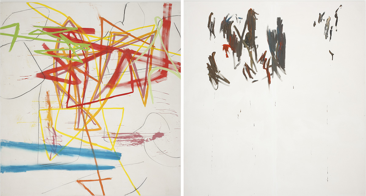 Left: Michel Majerus, Sold Picture, 1995, Acrylic and chalk on cotton, 322 x 298 cm, © Michel Majerus Estate, Photo: Jens Ziehe-Berlin Courtesy neugerriemschneider-Berlin and Matthew Marks Gallery. Right: Michel Majerus Gifted picture, 1995, Oil and acrylic on cotton, 321 x 300 cm, © Michel Majerus Estate, Photo: Jens Ziehe-Berlin Courtesy neugerriemschneider-Berlin and Matthew Marks Gallery