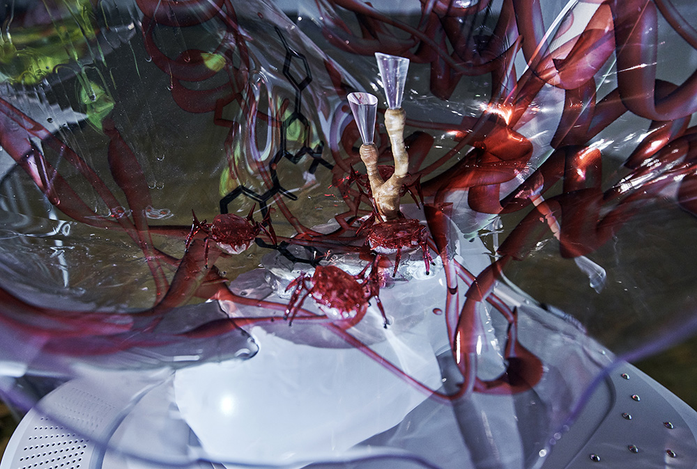 Katja Novitskova, Pattern of Activation (mamaRoo nursery, dawn chorus) (Detail), 2017, 6 electronic baby swings, 6 aluminium folding stands, plastic hoses, lasers, epoxy clay, digital print, polyurethane resin, robotic bugs, cable ties, plastic toy parts, Swarovski crystals, stress pills, elastic buffers plastic drill plugs, silicon stress eggs, acrylic massagers, animal pattern stickers, fossil, tree mushrooms, power magnets, video projection, Dimensions variable, Courtesy of the artist, Kraupa-Tuskany Zeidler-Berlin, Greene Naftali-New York, Photo: KUMU Art Museum / Tõnu Tunnel, Whitechapel Gallery Archive