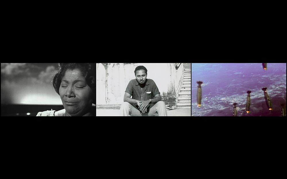 John Akomfrah, The Unfinished Conversation, 2012 (installation view), Three-channel HD video installation, 7.1 sound, color; 45:48 min, © Smoking Dogs Films, Courtesy Lisson Gallery