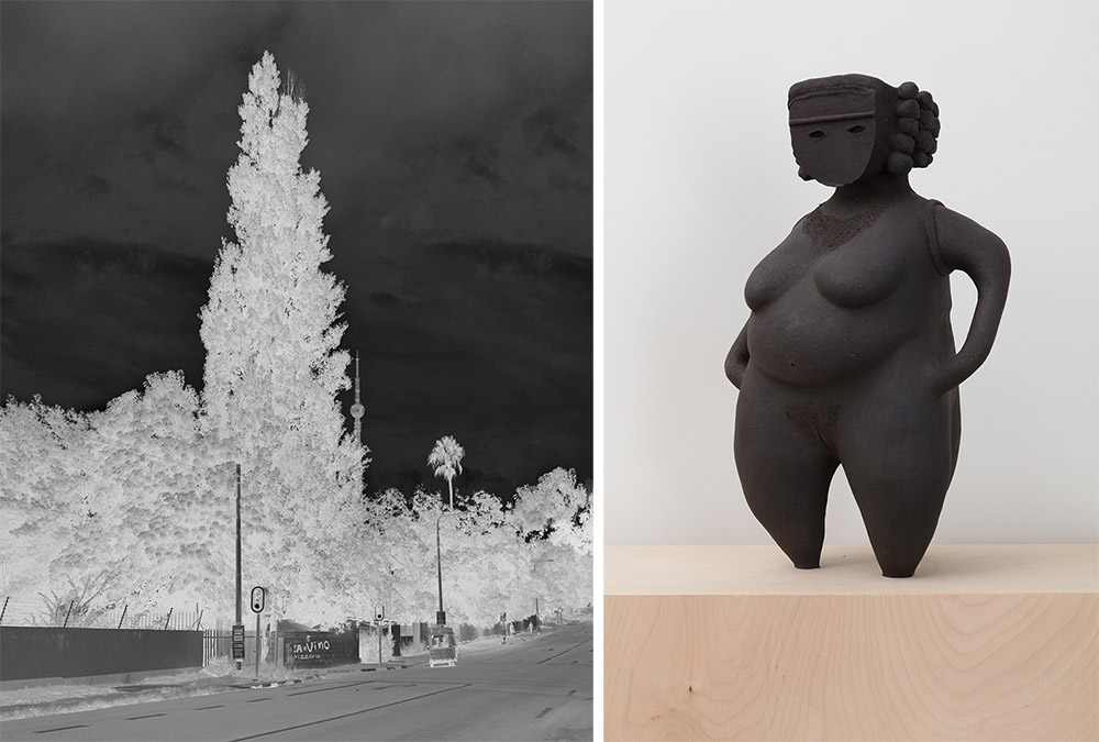 Left: Uriel Orlow, Lombardy Poplar (Johannesburg), 2016, Photographic print, 150 × 120 cm, Courtesy of the artist. Right: Renee So, Woman, 2018, Ceramic, 46 × 29 × 20 cm, Courtesy of the artist and Kate McGarry-London