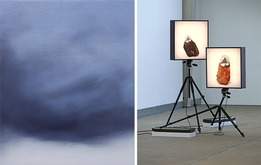 Left: Rebecca Partridge, 30 Day Sky Studies (detail), 2017-18, Oil on birch ply, 30 parts, overall dimensions variable, © Rebecca Partridge 2018, Courtesy Parafin-London. Right: Richard T Walker, a paradox in distance (inverted) #1, 2014, Chromogenic transparency in lightbox, Casiotone MT-68 keyboard, tripod, Overall dimensions variable, © Richard T Walker 2018, Courtesy Parafin-London
