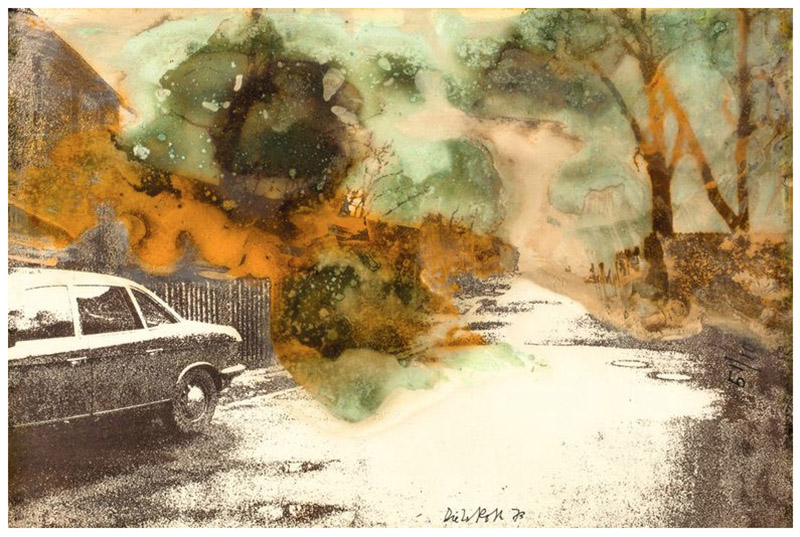 Dieter Roth, In Oelper Scheperts (Braunschweiger Landschaft mit Kasebaumen), 1973, Signed and dated, Offset lithograph w/ cheese spread within a sealed plastic envelope, 32 x 49 cm, Edition of 100, © the Estate of the Artist, Courtesy Richard Saltoun Gallery
