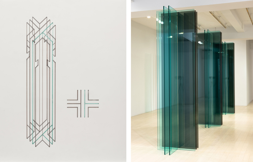 Left: Robert Irwin, Untitled, 2018, Ink on Mylar, 48.3 x 61 cm, © Robert Irwin, Courtesy the artist and Pace Gallery, Right: Installation view, Robert Irwin, New Sculpture/Configurations, 11/5-17/7/18, Page Gallery New York, Photo: Toma Baratt, © Robert Irwin