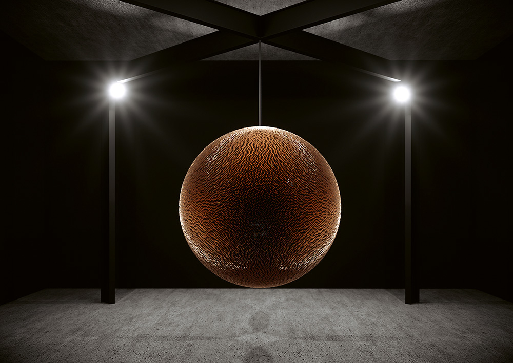 Robert Longo, Death Star II, 2017-18, 40,000 copper and brass full metal jacket bullets, steel armature, Metro Pictures, Galerie Thaddaeus Ropac, © Art Basel