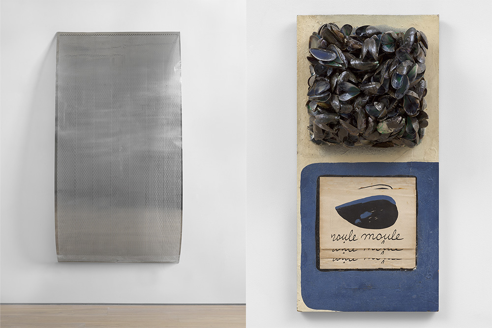 Left: Luciano Fabro, Tautologie (Foro), 1967, Stainless steel 198 x 99.7 cm, Courtesy Simon Lee Gallery. Right: Marcel Broodthaers, Roule Moule, 1967, White and blue painted panel, mussel shells, book pages, 70 x 33.5 x 2.2 cm, Courtesy Simon Lee Gallery