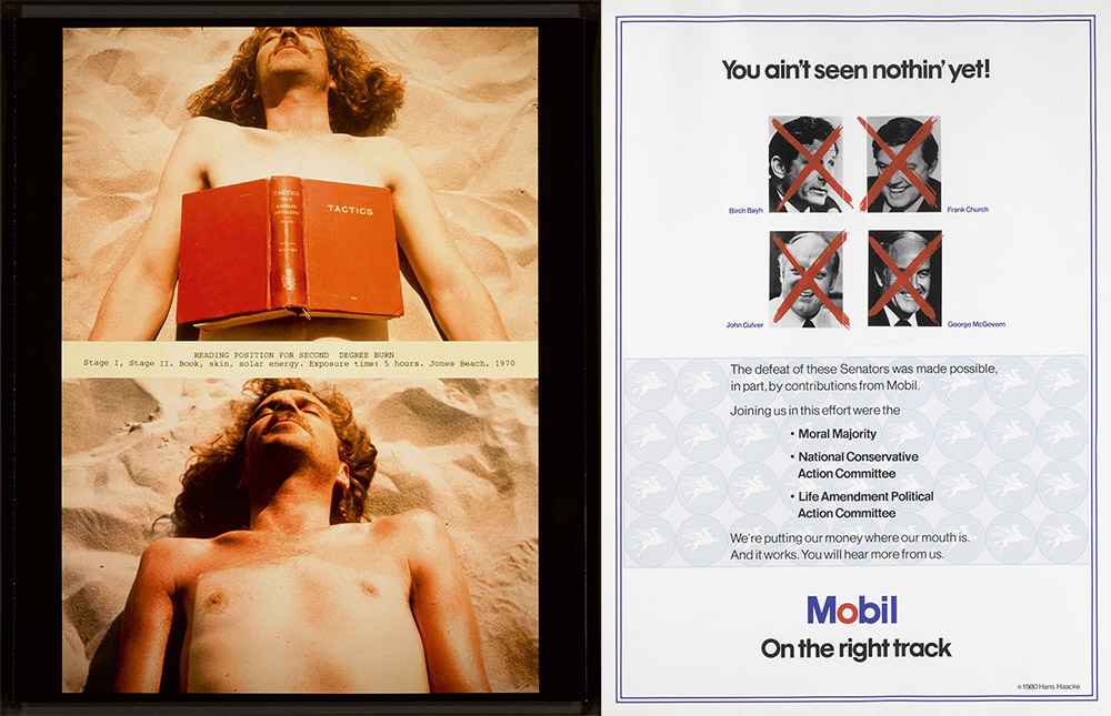 Left: Dennis Oppenheim, Reading Position for Second Degree Burn, 1970, Signed and editioned 4/30 in ink, on the reverse, Chromogenic print, 59.7 x 42.5 cm, Edition 4 of 30, © the Estate of the Artist, Courtesy Richard Saltoun Gallery. Right: Hans Haacke, Mobil: On the Right Track, 1980, Dated and signed in typeset lower right, Colour’s screen print with collage of photographs on wove paper, 153 x 109 cm, Edition of 3, © the the Artist, Courtesy Richard Saltoun Gallery