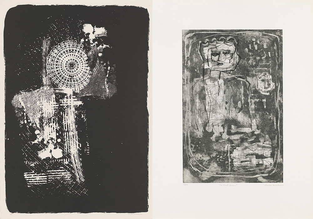Left: Louise Nevelson, Untitled, 1963, Lithograph: sheet, 86.4 × 59.8 cm, image, 81.6 × 56.5 cm, Edition 19/20, Whitney Museum of American Art-New York; gift of the artist 69.253, © 2018 Estate of Louise Nevelson/Artists Rights Society (ARS)-New York. Right: Louise Nevelson, The West Queen, 1953-55, printed 1965-66, Etching, aquatint, and drypoint: sheet, 75.9 × 55.9 cm,; plate, 52.7 × 34.6 cm, Edition 12/20, Whitney Museum of American Art-New York; gift of Robert Pearlstein 2008.260, © 2018 Estate of Louise Nevelson/Artists Rights Society (ARS)-New York