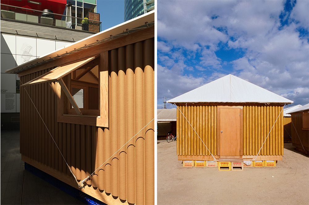 Left: Shigeru Ban, Paper Log House, 2018, sitespecific installation at Vancouver Art Gallery, Offsite, 11/5-8/10/18, Photo: Trevor Mills, Vancouver Art Gallery, Courtesy Vancouver Art Gallery. Right: Shigeru Ban, Paper Log House, Kobe, Japan, 1995, Photo: Hiroyuki Hirai, Courtesy Vancouver Art Gallery