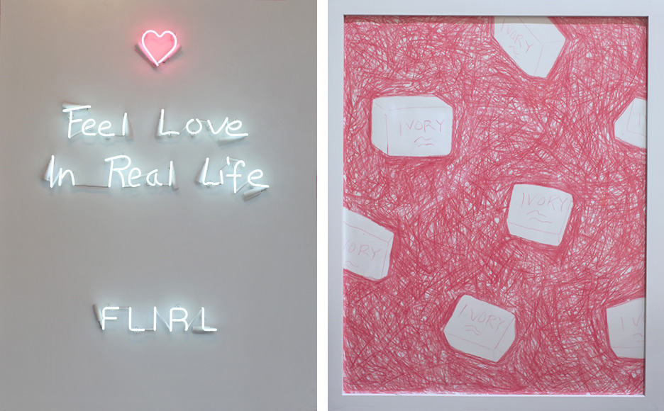 Left: Rachel Lee Hovnanian, FLIRL, 2018, Neon mounted on metal, 48 x 36 in, Edition of 3 + 2AP, Courtesy the artist and Leila Heller Gallery. Right: Rachel Lee Hovnanian, Chasing Perfect Pink I, 2018, Graphite on paper, 21 ¼ x 17 ¼ in framed, Edition of 3 + 2AP, Courtesy the artist and Leila Heller Gallery