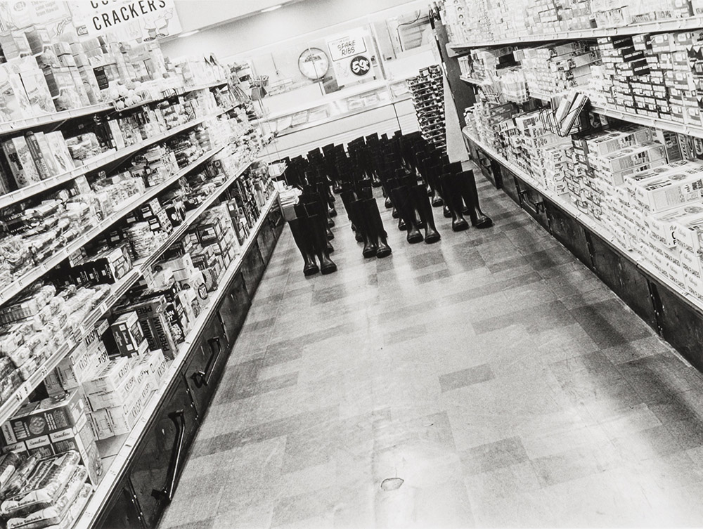 Eleanor Antin, 100 Boots in the Market, 1971, Vintage gelatin silver print mounted on board, 27.9 x 35.6 cm, © the the Artist, Courtesy Richard Saltoun Gallery