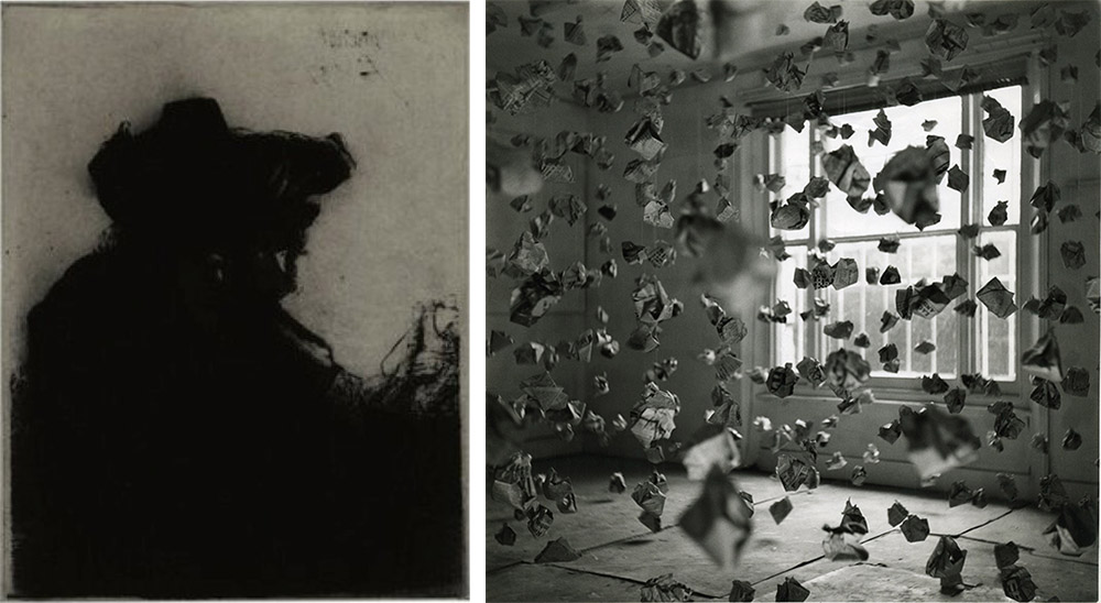 Left: Glenn Brown, Layered Portrait (after Rembrandt) 3, 2008, Etching on Velin Arches 300 gsm paper, 35.5 x 29 cm, Edition of 30, © the the Artist, Courtesy Richard Saltoun Gallery. Right: John Hilliard, 765 Paper Balls, 1969, Signed and dated on reverse, Vintage black and white photograph mounted on board, 122 x 122 cm, Edition of 3, © the the Artist, Courtesy Richard Saltoun Gallery