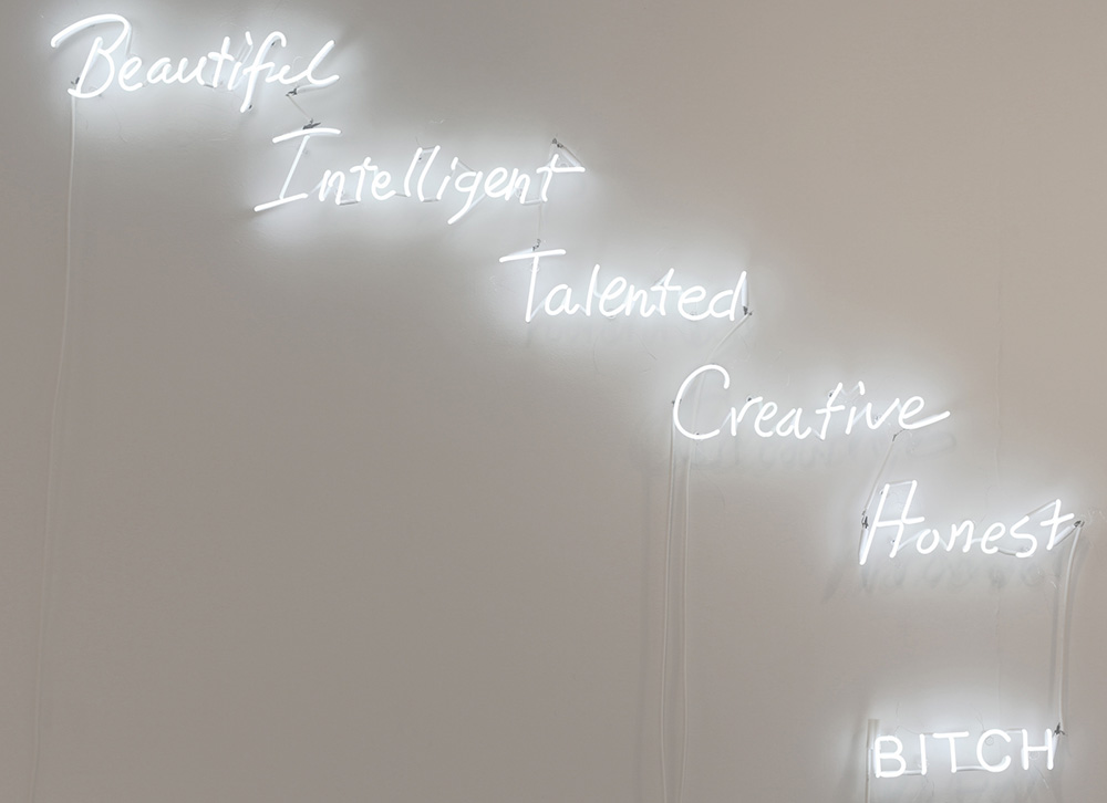 Left: Rachel Lee Hovnanian, BITCH, 2018, Neon, electrical cord, 54.75 x 73.35 in, Edition of 3 + 2AP, Courtesy the artist and Leila Heller Gallery