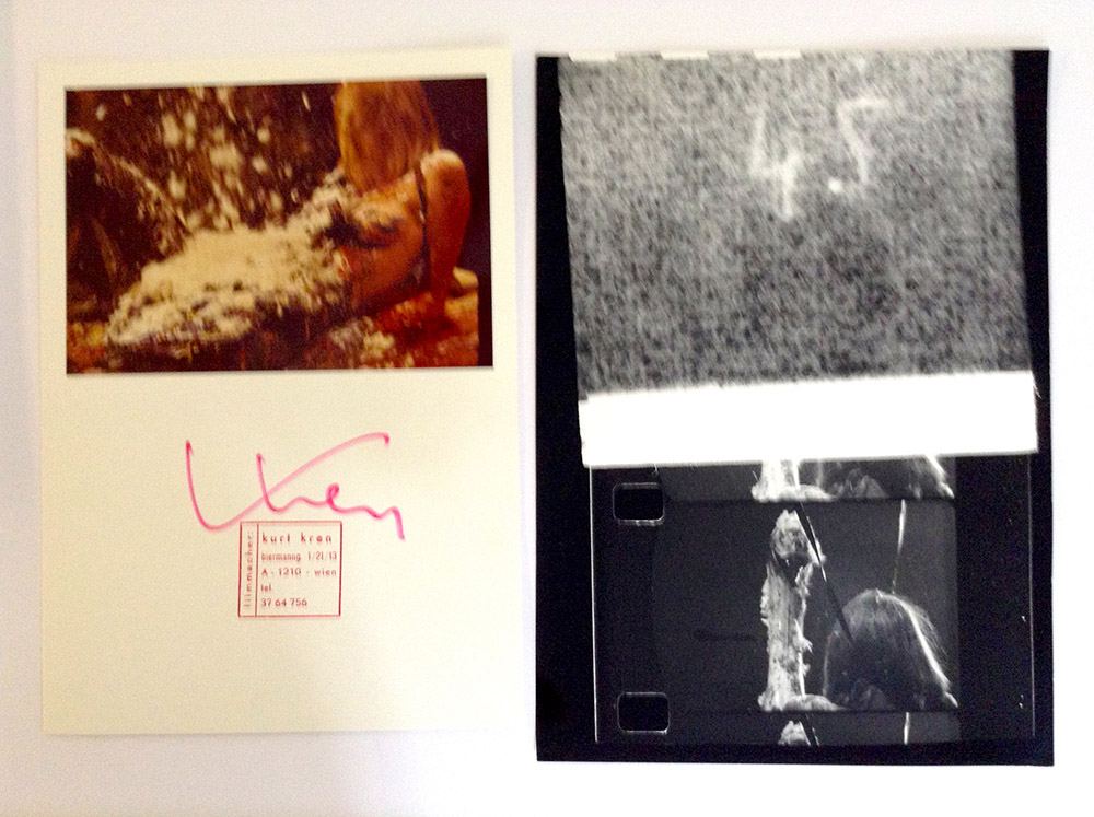 Kurt Kren, Box 4: LEDA und der SCHWAN: Otto Muehl, 1964, Signed, Roll of Super 8 film, 5 video stills, 2 drawings, 1 notebook and 1 outline on millimetre paper, Overall: 31.5 x 23 x 16 cm, Film: 2 minutes 44 seconds, Edition 33 of 50, © the Estate of the Artist, Courtesy Richard Saltoun Gallery