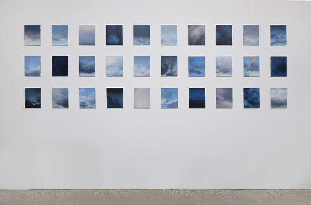 Rebecca Partridge, 30 Day Sky Studies, 2017-18, Oil on birch ply, 30 parts, overall dimensions variable, © Rebecca Partridge 2018, Courtesy Parafin-London