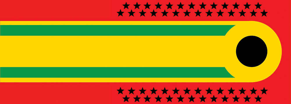 Larry Achiampong, PAN AFRICAN FLAG FOR THE RELIC TRAVELLERS' ALLIANCE (MOTION), 2018, Printed banner, 392.5 × 110 cm, Courtesy of the artist