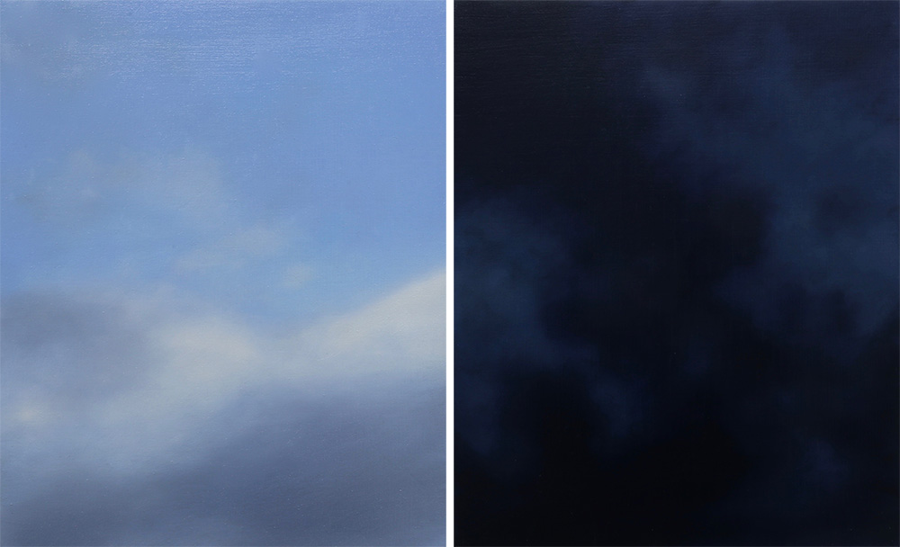 Left & Right: Rebecca Partridge, 30 Day Sky Studies (detail), 2017-18, Oil on birch ply, 30 parts, overall dimensions variable, © Rebecca Partridge 2018, Courtesy Parafin-London
