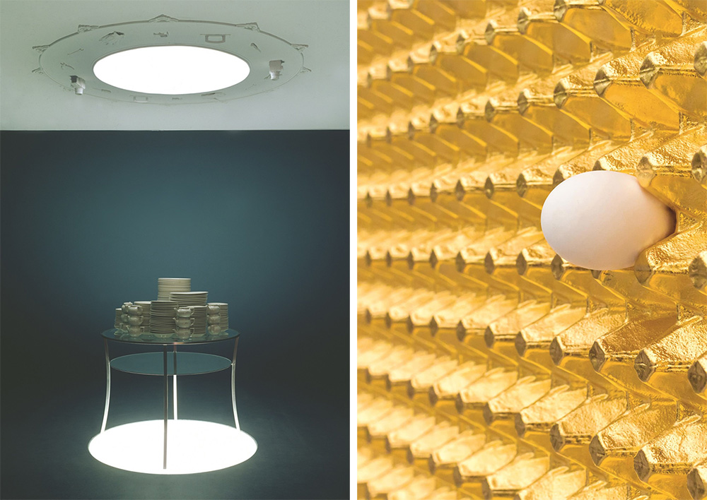 Left: Barbara Bloom, The Tip of the Iceberg, 1991, Glass, mirror, steel table, porcelain, plaster medallion, circular floor and ceiling illumination, paint, Galerie Gisela Capitain, © Art Basel. Right: He Xiangyu, Untitled, 2018, Aluminum, 99.9 % pure gold, egg , 305.0 × 305.0 × 5.0 cm, White Space Beijing, © Art Basel