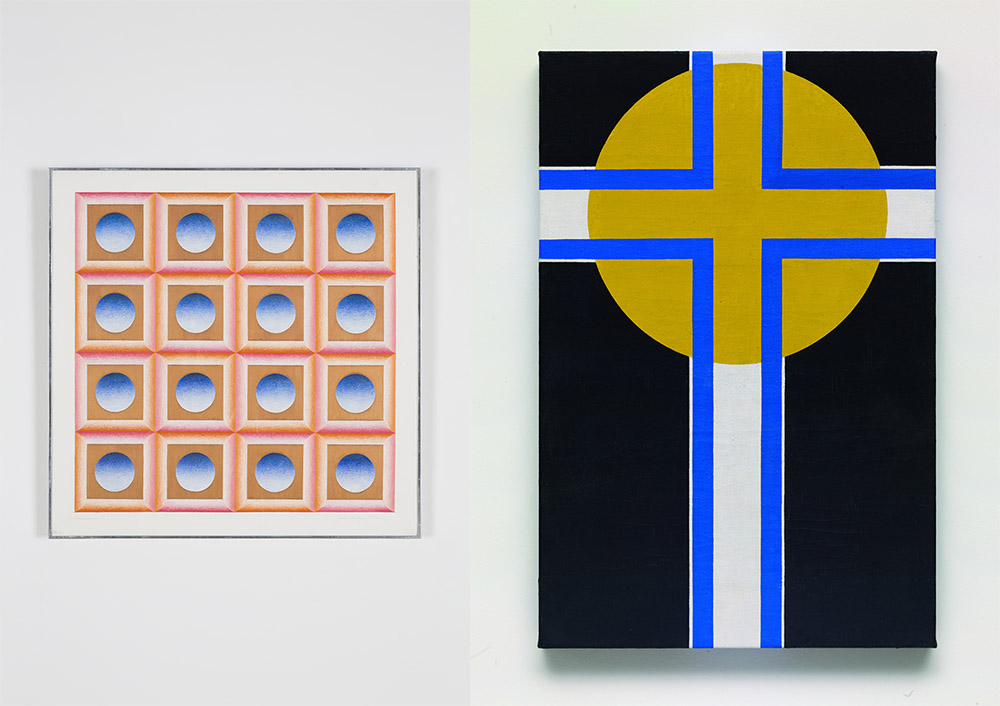 Left: Judy Chicago, Childhood's End #2, 1972, Prismacolor on rag paper, 59,1 x 59,1 cm (framed), Courtesy the artist and Salon 94 Gallery-New York. Right: Marcia Hafif, 4., September 1962, Lacquer on canvas, 60 x 40 cm, Collection of the artist, dépôt Mamco-Genève