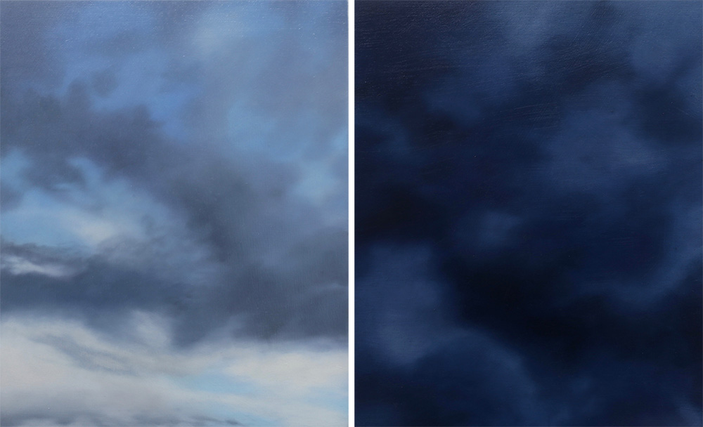 Left & Right: Rebecca Partridge, 30 Day Sky Studies (detail), 2017-18, Oil on birch ply, 30 parts, overall dimensions variable, © Rebecca Partridge 2018, Courtesy Parafin-London