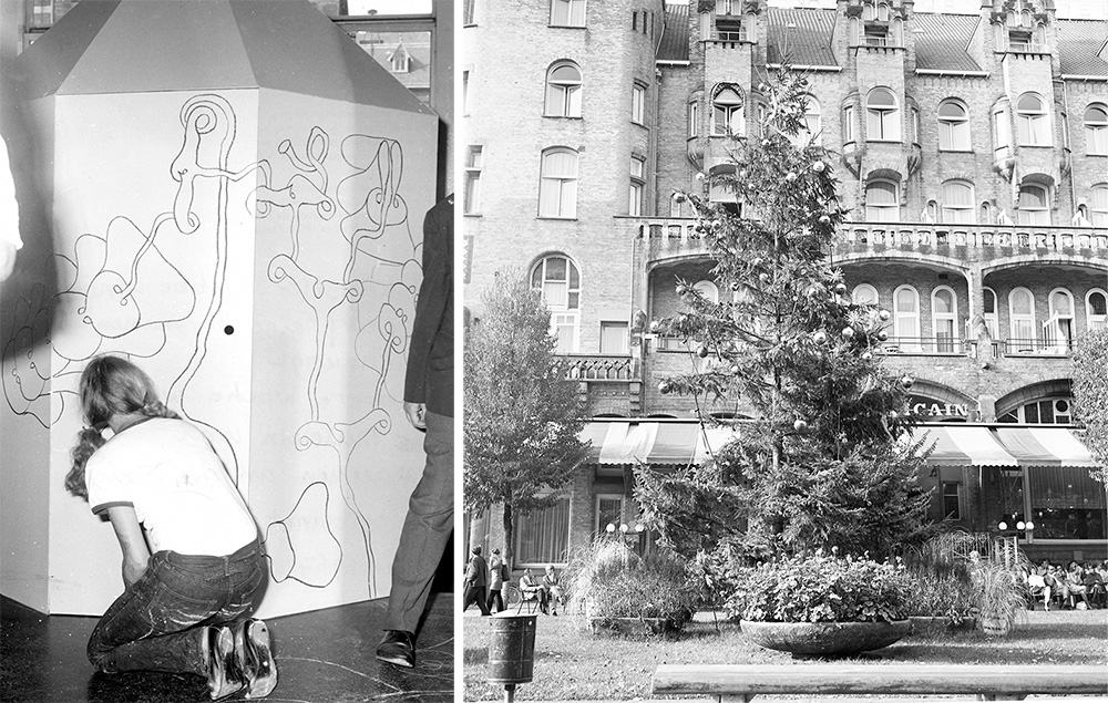 Left: Tjebbe van Tijen, Continuous Drawing, 1967, Photo: Stedelijk Museum Amsterdam. Right: Wim T. Schippers, documentation photograph of “Indian Summer Christmas Tree” on Leidseplein in Amsterdam, August 1969, Photo: Stedelijk Museum Amsterdam
