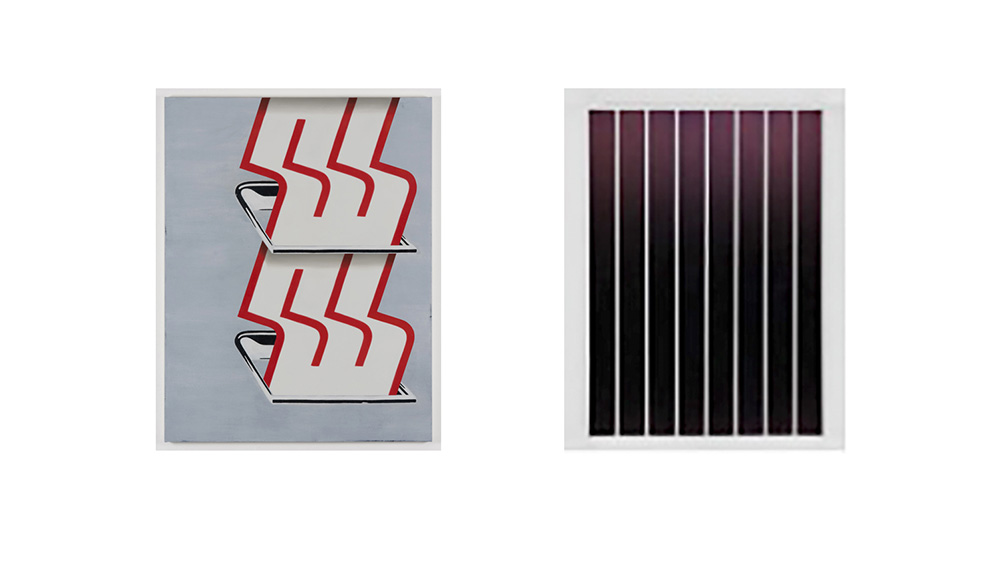 Left: Anne Neukamp, Progression, 2016, Oil, tempera, acrylic, cotton, 180 x 140 cm. Right: Hebert Hinteregger, Untitled (Wassersleben), 2016, Ball pen ink on canvas, 70 x 50 cm, Courtesy of the artists and PROYECTOSMONCLOVA