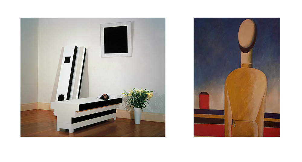 Left: IRWIN group (Dusan Mandic), Corpse of Art, 2003-2004, Head, vase, painting and coffin, Painting: 104 x 104 cm, Vase: 30 cm diameter (ca.), Head: 50 x 70 x 50 cm (ca.). Right), Kazimir Malevich 1985, Kazimir Malevich, 1985, Acrylic on canvas, 61.5 x 46 x 2 cm, Courtesy of the artists and PROYECTOSMONCLOVA