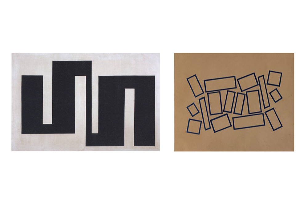 Left: Julije Knifer, Meander 1, 1960, Oil on canvas, 87.2 x 130 cm. Right: Hélio Oiticica, Metaesquema, 1958, Gouache on cardboard, 50 x 60 cm, Courtesy of the artists and PROYECTOSMONCLOVA