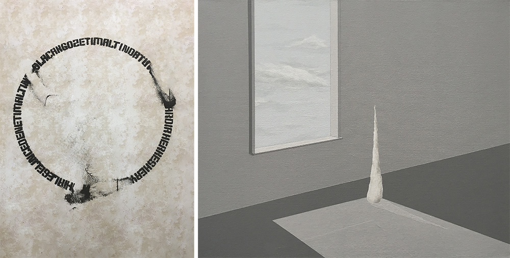 Left: Elif Büyüknohutçu, Everyone, 2018, Soil, 100 x 100 x 3 cm, © the artist, Courtesy Zilberman Gallery. Right: Serdar Acar, Untitled, 2018, Acrylic on canvas, 50 x 60 cm, © the artist, Courtesy Zilberman Gallery