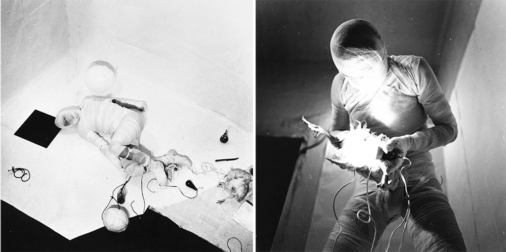 L&R: Rudolf Schwarzkogler, Aktion mit seinem eigenen Körper, 1966, Numbered '28' from the edition, Set of 15 gelatin bromide silver prints, in original portfolio, one contact sheet (Details), Each: 39 x 39 cm (each), Edition 28 of 40, © the Estate of the Artist, Courtesy Richard Saltoun Gallery