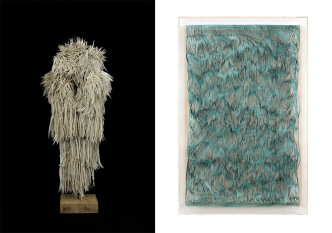 Left: Georgia Russell, Belief VII, 2013, Cut paper (totem), 150 x 60 x 60 cm, © Georgia Russell, Courtesy Galerie Karsten Greve Paris/Köln/St. Moritz, Photo: Gilles Mazzufferi. Right: Georgia Russell, Chloros I, 2018, Pastel on cut paper, 125 x 81 x 15 cm, © Georgia Russell, Courtesy Galerie Karsten Greve Paris/Köln/St. Moritz, Photo: Gilles Mazzufferi