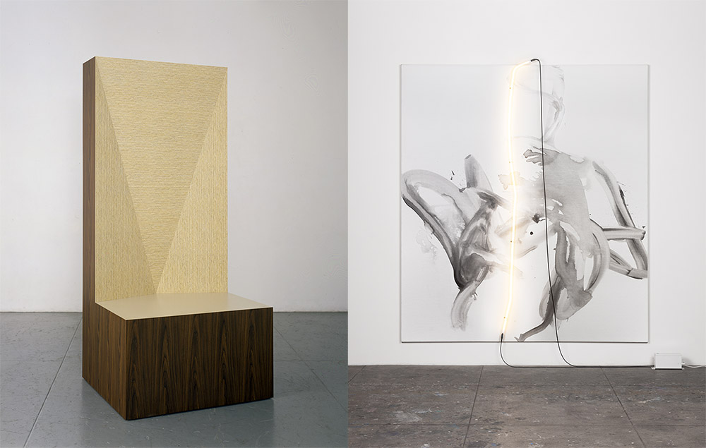 Left: Richard Artschwager, Seat of Judgement, 2008, Formica on wood, 236.2 x 106.7 x 91.4 cm, © 2018 Richard Artschwager / Artists Rights Society (ARS)-New York, Courtesy Gagosian. Right: Mary Weatherford, Silver Writing, 2018, Flashe on linen, 297.2 x 264.2 cm, © Mary Weatherford, Photo: Fredrik Nilsen Studio, Courtesy Gagosian
