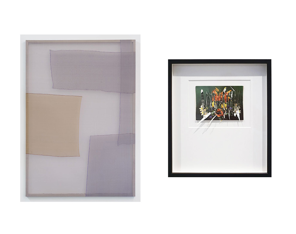 Left: Anna Virnich, tremble electric, 2016, Silk and thread on wooden stretch frame, 200 x 140 x 3.5 cm. Right, Marzena Nowak, Untitled (postcard from Siberia), 2016, Intervened old postcard, old family photograph, Framed dimensions: 31.5 x 25 cm, Courtesy of the artists and PROYECTOSMONCLOVA
