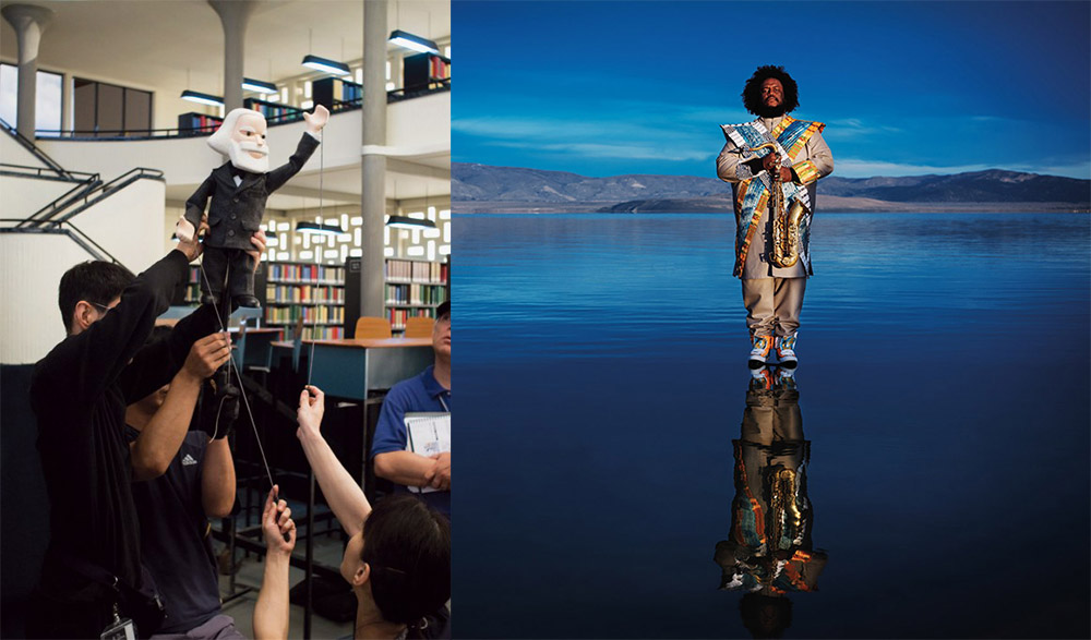 Left: Pedro Reyes, View of the making of “Baby Marx,” Mexico City-Mexico, 2008, Photo: Emilio Valdés. Right: Kamasi Washington, Serpentine Galleries Archive