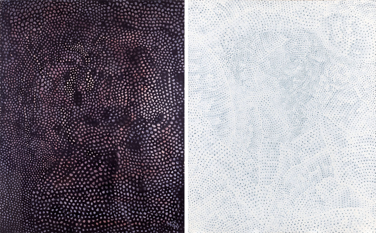 Left: Yayoi Kusama, Pacific Ocean 1959, Ink and watercolour on paper, Private collection, Japan, © Yayoi Kusama. Right: Yayoi Kusama, Infinity nets 2000, Acrylic on canvas, The Kenneth and Yasuko Myer Collection of Contemporary Asian Art. Purchased 2001 with funds from The Myer Foundation, a project of the Sidney Myer Centenary Celebration 1899-1999, through the Queensland Art Gallery Foundation, © Yayoi Kusama