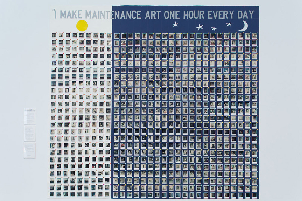 Mierle Laderman Ukeles, I Make Maintenance Art One Hour Every Day, September 16–October 20, 1976, Performance with three hundred maintenance empolyees, day and night shifts, over five weeks. 720 collaged dye diffusion transfer prints with self-adhesive labels, graphite pencil, collaged acrylic on board, and self-adhesive vinyl on paper, dimensions variable, Whitney Museum of American Art, New York, purchase with funds from the Photography Committee and The Robert Mapplethorpe Foundation T.2017.2, Courtesy of the artist, the Queens Museum and Ronald Feldman Fine Arts-New York. Photo: Hai Zhang