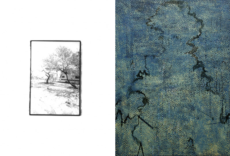 Left: Judy Fiskin, Untitled, from the series Desert, 1976, Gelatin silver print, 17.8 x 12.7 cm, Edition 1 of 6, with 2 AP, Courtesy the artist and Van Doren Waxter Gallery. Right: Jeronimo Elespe, Defender, 2013-2015, Mixed media on panel, 77 x 57 cm, , Courtesy the artist and Van Doren Waxter Gallery