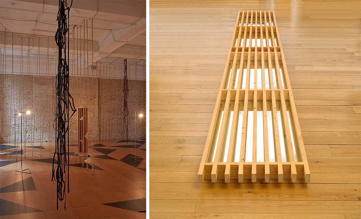 Left: Leonor Antunes, Ramdom intersection #14, 2017, Leather cord and hemp Installation, Variable dimensions, Courtesy the artist and Fundación Botín. Right: Fernanda Fragateiro, Um caminho que não é um caminho, 2005, Wood, steel and mirror, 600 x 75,5 x 12 cm, Courtesy the artist and Fundación Botín