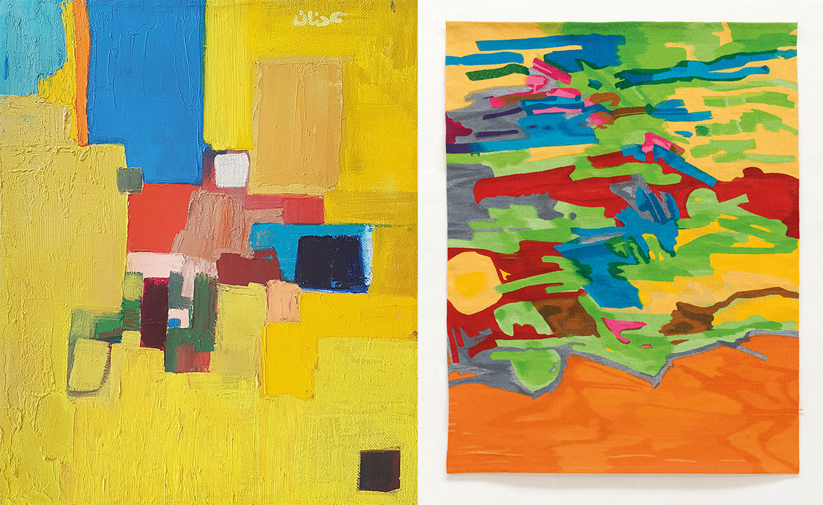 Left: Etel Adnan, Untitled, 1960ies, Oil on canvas, 45.8 x 38.3 cm, Courtesy the artist and Sfeir-Semler Gallery-Hamburg/Beirut. Right: Etel Adnan, Low Tide, 1967-1973, Tapestry, wool, 200 x 160 cm, Courtesy Galerie Lelong & Co.-Paris