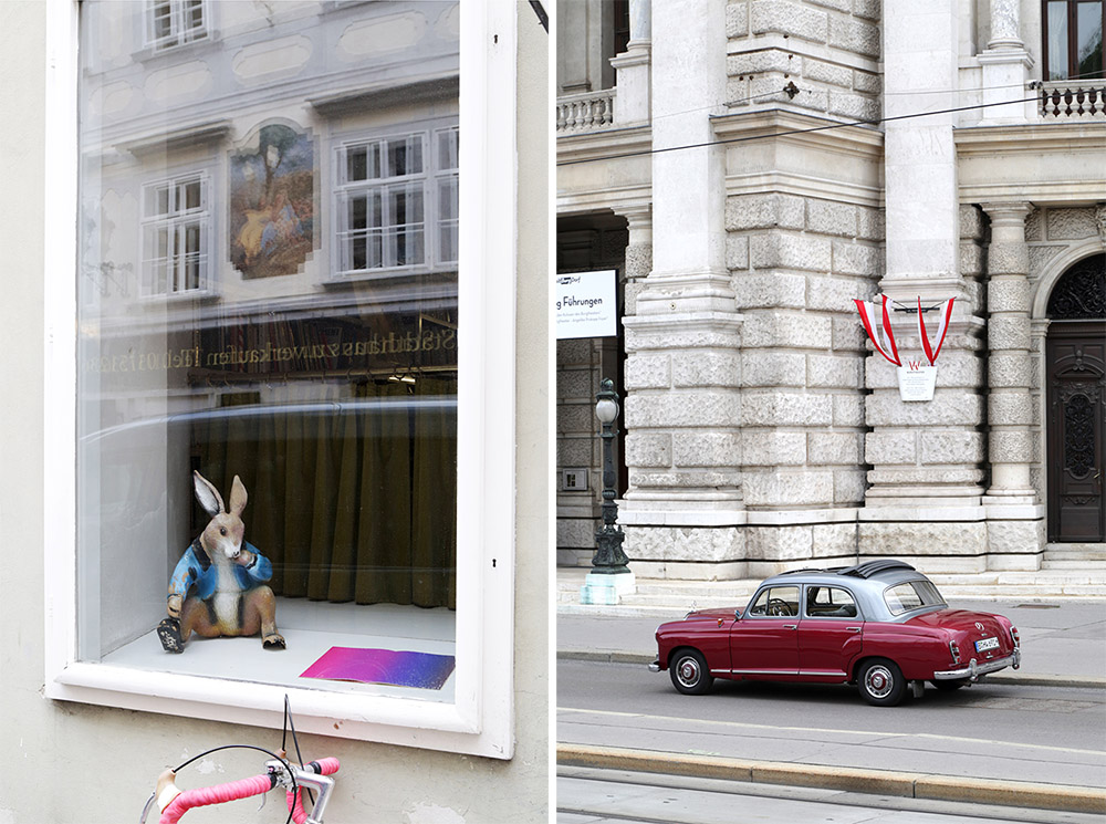 Left: Olaf Nicolai, Installationsansicht Antiquariat Georg Fritsch, © Olaf Nicolai & Bildrecht, 2018, Photo: David Avazzadeh, Kunsthalle Wien 2018. Right: Olaf Nicolai, Helene Weigel's car in front of the Burgtheater Vienna, © Olaf Nicolai & Bildrecht, 2018, Photo: David Avazzadeh, Kunsthalle Wien 2018