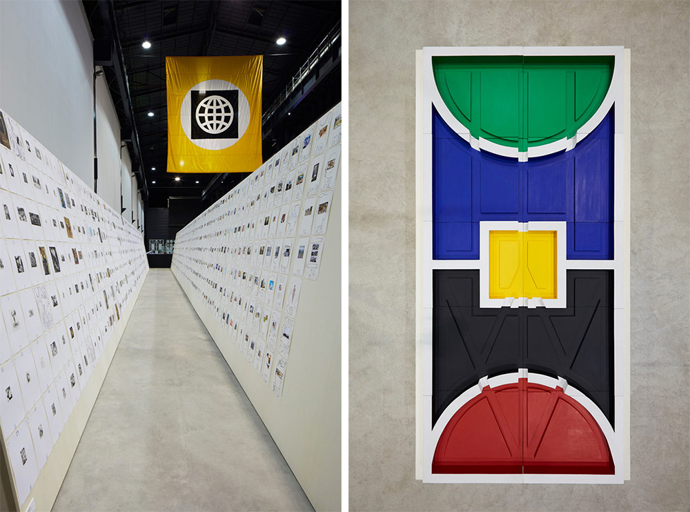 Left: Exhibition view, Matt Mullican, The Feeling of Things, Pirelli HangarBicocca-Milan, 2018, Photo: Agostino Osio, Courtesy the Artist and Pirelli HangarBicocca. Right: Matt Mullican, Untitled, City Plan (Based on Overall Chart), 1989, Installation view, Photo: Agostino Osio, Courtesy the Artist, Kunsthaus Bregenz and Pirelli HangarBicocca