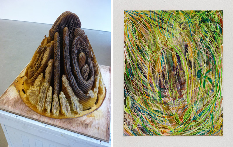 Marsha Cottrell, Untitled (9:49:46am), 2018, Laser toner on paper, unique, 21.6 x 27.9 cm, Courtesy the artist and Van Doren Waxter Gallery. Right: TM Davy, Grass, 2014, Crayon and watercolor on paper, 35.6 x 27.9 cm, Courtesy the artist and Van Doren Waxter Gallery