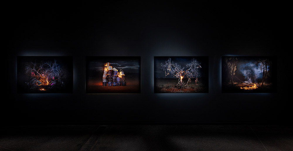 Robert Fielding, Objects of origin 2, 2018, C-type print on dibond, 110.0 x 165.0 cm; Objects of origin 4, 2018, C-type print on dibond, 110.0 x 165.0 cm; Objects of origin 3, 2018, C-type print on dibond, 110.0 x 165.0 cm; Objects of origin 1, 2018, C-type print on dibond, 110.0 x 165.0 cm, Ιnstallation view, Australian Centre for Contemporary Art, Melbourne, Photo: Andrew Curtis, Courtesy the artist and Mimili Maku Arts, Mimili Community, South Australia