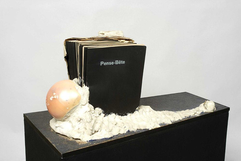 Marcel Broodthaers, Le Pense-Bête, 1964, Books, paper, plaster, plastic ball, wood, Collection van de Vlaamse Gemeenschap, in the management of S.M.A.K. since 2008
