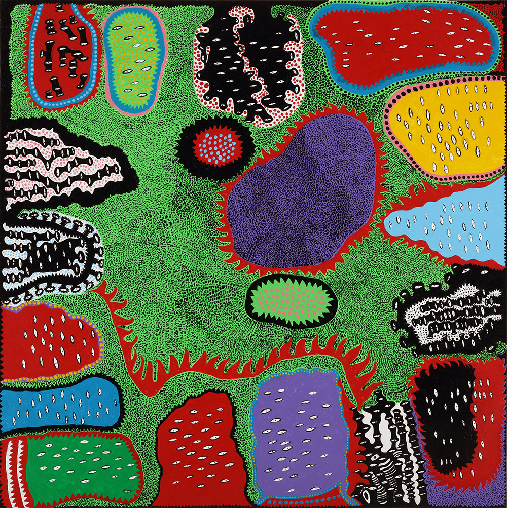 Yayoi Kusama, THE MORE WE SEEK THE MORE DISTANT THE BRILLIANCE OF THE STARS BECOME, 2016, Acrylic on canvas, Collection of the Artist, © Yayoi Kusama, Courtesy of Ota Fine Arts-Tokyo/Singapore, Victoria Miro-London and David Zwirner-New York