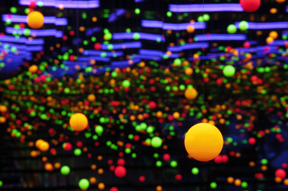 Yayoi Kusama, Soul under the moon 2002, Mirrors, ultra violet lights, water, plastic, nylon thread, timber, synthetic polymer paint. The Kenneth and Yasuko Myer Collection of Contemporary Asian Art. Purchased 2002 with funds from Michael Simcha Baevski and The Myer Foundation, a project of the Sidney Myer Centenary Celebration 1899-1999, through the Queensland Art Gallery Foundation and The Yayoi Kusama Queensland Art Gallery Foundation Appeal, © Yayoi Kusama