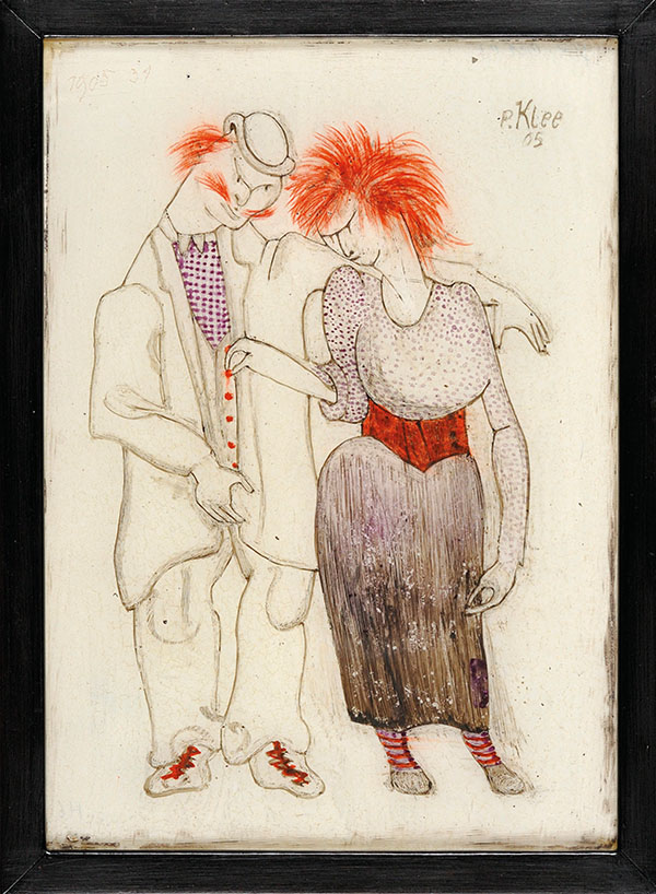 Paul Klee, Verkommenes Paar, 1905, Reverse glass painting, watercolor and incised drawing; reconstructed frame, 18 x 13 cm, Zentrum Paul Klee-Bern