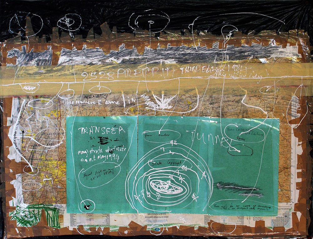 Moshekwa Langa, Senza Titolo, 1996, Map, ink, pastel, adhesive tape, collage, black plastic bag, 95 x 75 cm, Donatator: Lewis Manilow, Photo: Roberto Galasso, Courtesy Fondazione MAXXI